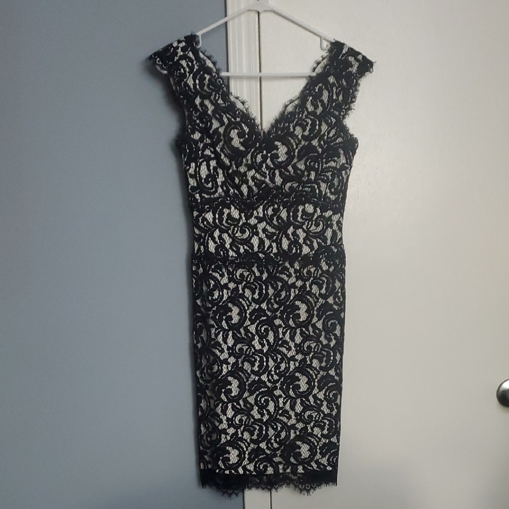 Tadashi Shoji Black and White Lace Midi Dress